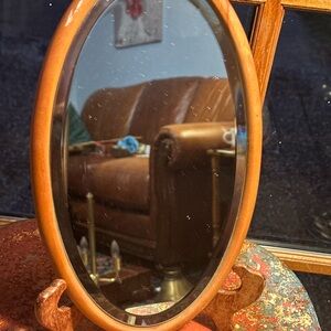 Antique Oval Beveled Mirror Oak Wood Framed Footed Vanity Tray or Wall Decor